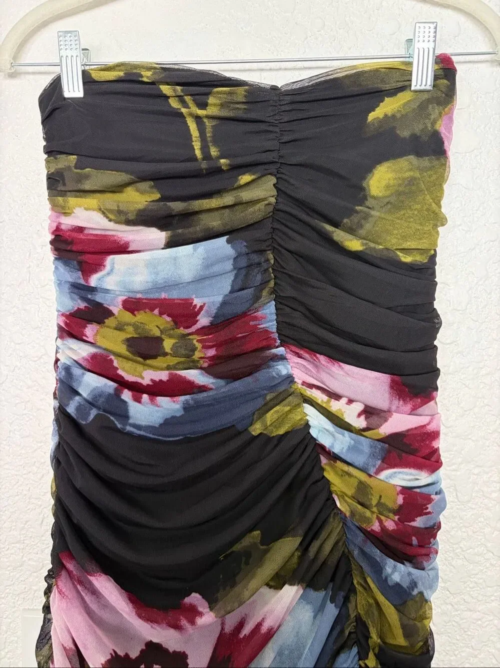 Abercrombie & Fitch Mesh Strapless Ruched Maxi Dress Black Floral Size M